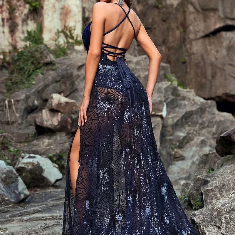 NiDELL Best-Selling in Stock Sexy Deep V Suspender Skirt Translucent Bare Back Lace-up Sequined Long Dress-A169 NiDELL Best-Selling in Stock Sexy Deep V Suspender Skirt Translucent Bare Back Lace-up Sequined Long Dress-A169