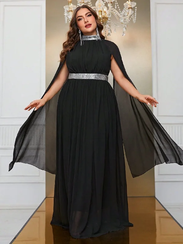 NiDELL European and American New Evening Dress plus Size Chiffon Shawl Dress High Collar Long Black Dress-Fssw4010 NiDELL European and American New Evening Dress plus Size Chiffon Shawl Dress High Collar Long Black Dress-Fssw4010