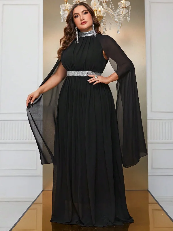 NiDELL European and American New Evening Dress plus Size Chiffon Shawl Dress High Collar Long Black Dress-Fssw4010 NiDELL European and American New Evening Dress plus Size Chiffon Shawl Dress High Collar Long Black Dress-Fssw4010