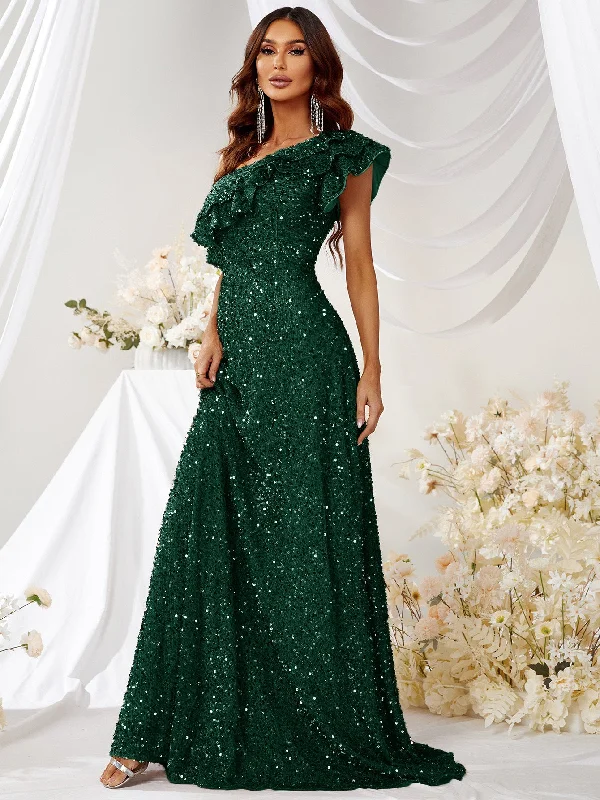 NiDELL New Elegant Dress Ruffled Slant Shoulder Waist Banquet Temperament Elegant Dress Dress for Women-MGN367-1 NiDELL New Elegant Dress Ruffled Slant Shoulder Waist Banquet Temperament Elegant Dress Dress for Women-MGN367-1