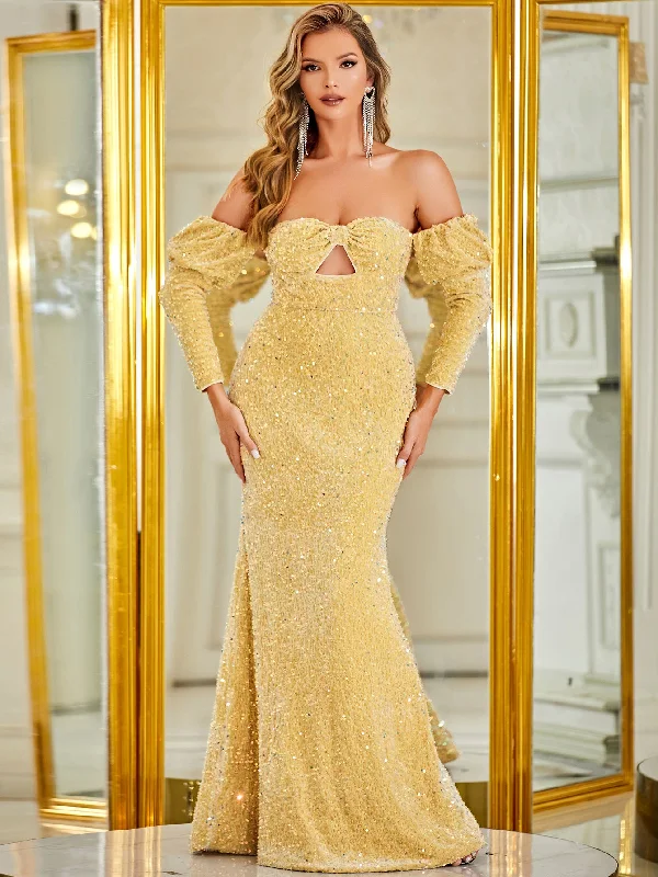 NiDELL New Sequin Backless Bow Ball Gown Sequined Long Evening Gown Raglan Sleeve Fishtail Dress-Mg392 NiDELL New Sequin Backless Bow Ball Gown Sequined Long Evening Gown Raglan Sleeve Fishtail Dress-Mg392