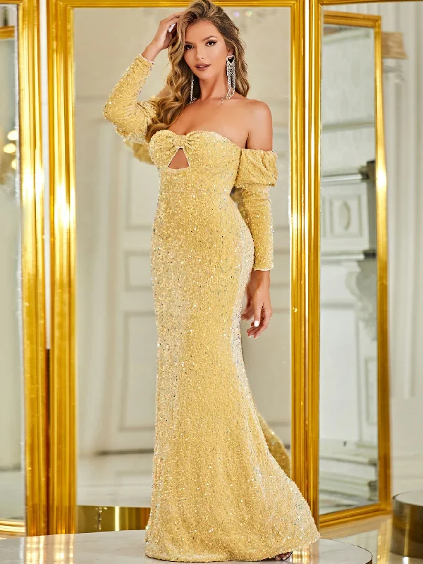 NiDELL New Sequin Backless Bow Ball Gown Sequined Long Evening Gown Raglan Sleeve Fishtail Dress-Mg392 NiDELL New Sequin Backless Bow Ball Gown Sequined Long Evening Gown Raglan Sleeve Fishtail Dress-Mg392