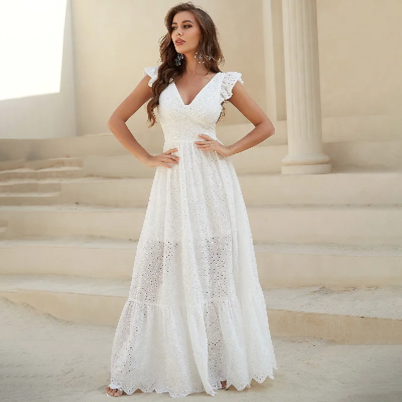 NiDELL Spring and Summer Hot-Selling Chiffon Ruffles Flying Sleeves V-neck Dress Long Backless Lace-up White Dress-Jc197 NiDELL Spring and Summer Hot-Selling Chiffon Ruffles Flying Sleeves V-neck Dress Long Backless Lace-up White Dress-Jc197