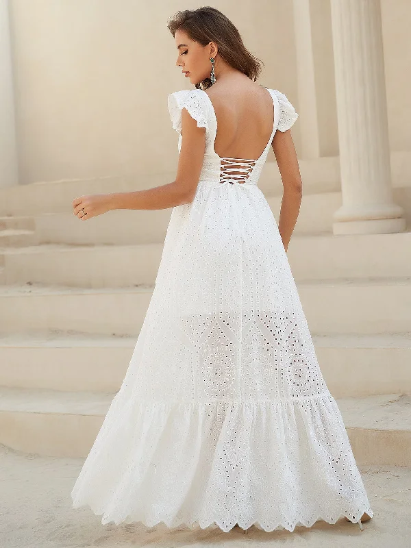 NiDELL Spring and Summer Hot-Selling Chiffon Ruffles Flying Sleeves V-neck Dress Long Backless Lace-up White Dress-Jc197 NiDELL Spring and Summer Hot-Selling Chiffon Ruffles Flying Sleeves V-neck Dress Long Backless Lace-up White Dress-Jc197