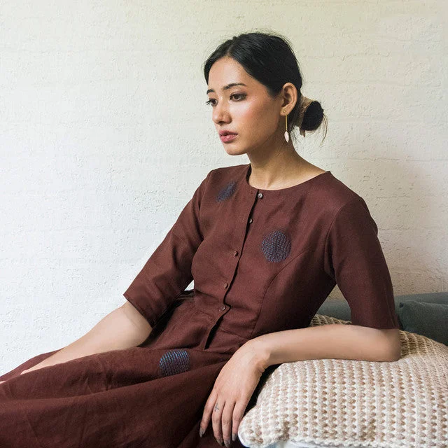 Linen Embroidered Jumpsuit | Brown