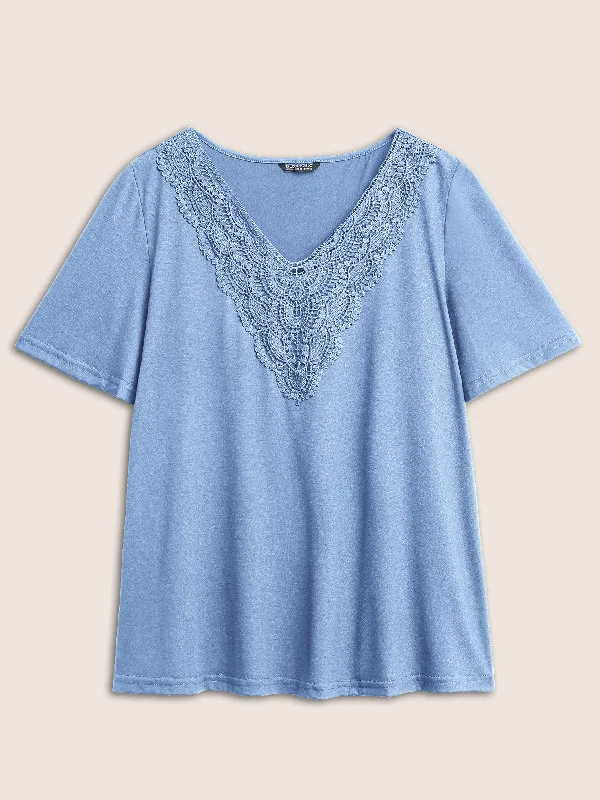 solid-ruffle-sleeve-lace-v-neck-t-shirt