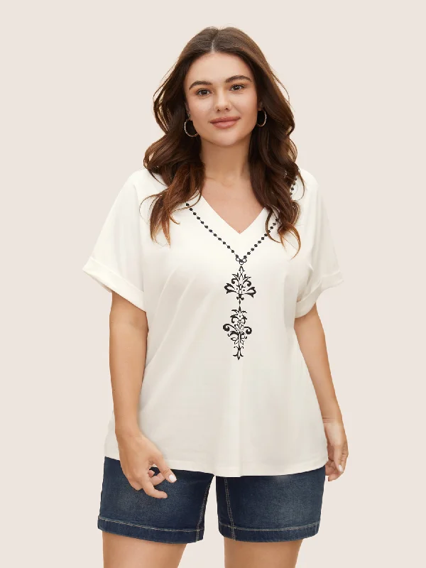 V Neck Boho Print Dolman Sleeve T-shirt